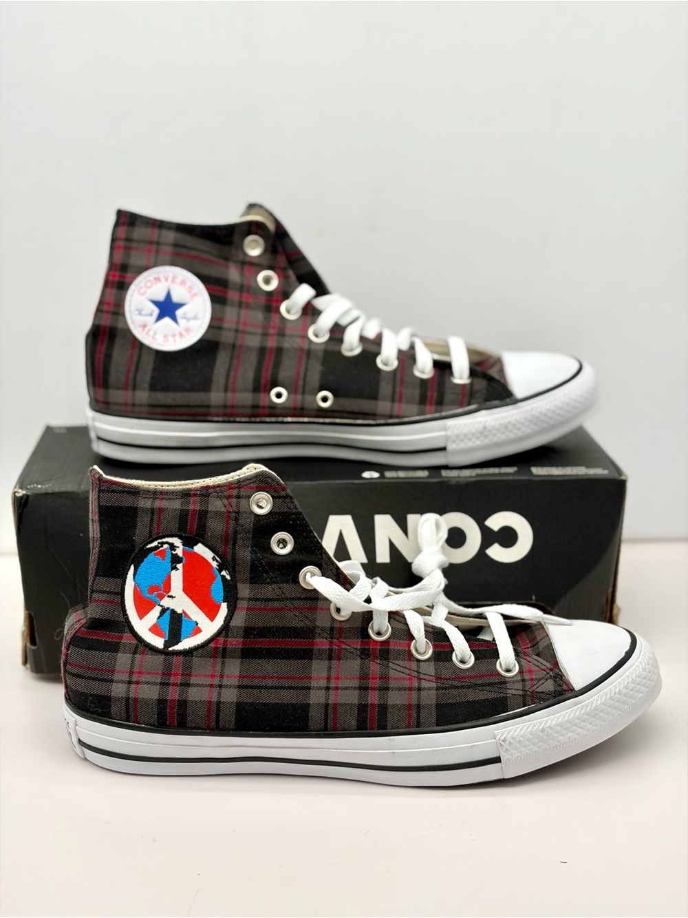 Converse Plaid High Top Sneakers in Black and Red